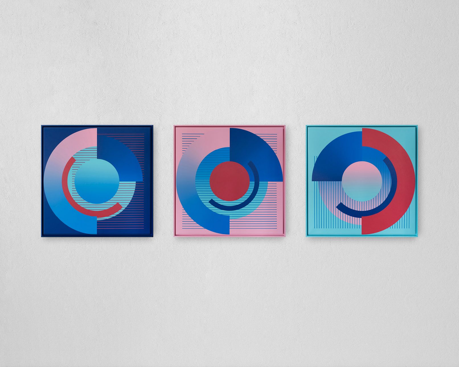 Broken circles with gradient and parallel lines, completed in 2019 with acrylic paints and markers on a 80 x 80 cm canvas with colour-matched floater frame.