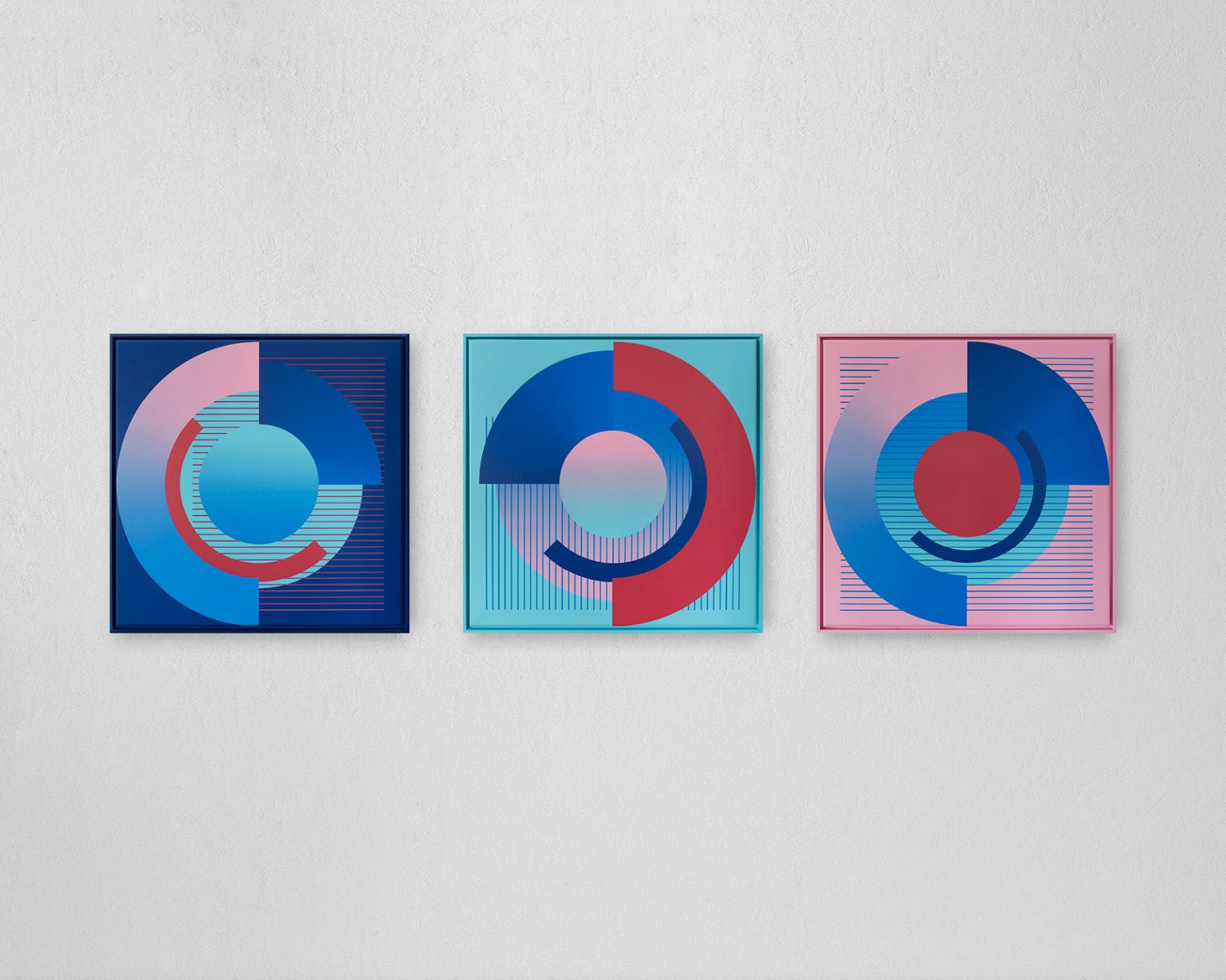 Broken circles with gradient and parallel lines, completed in 2019 with acrylic paints and markers on a 80 x 80 cm canvas with colour-matched floater frame.