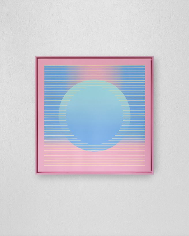 Circle with gradient and parallel lines, completed in 2019 with acrylic paints and markers on a 80 x 80 cm canvas with colour-matched floater frame.