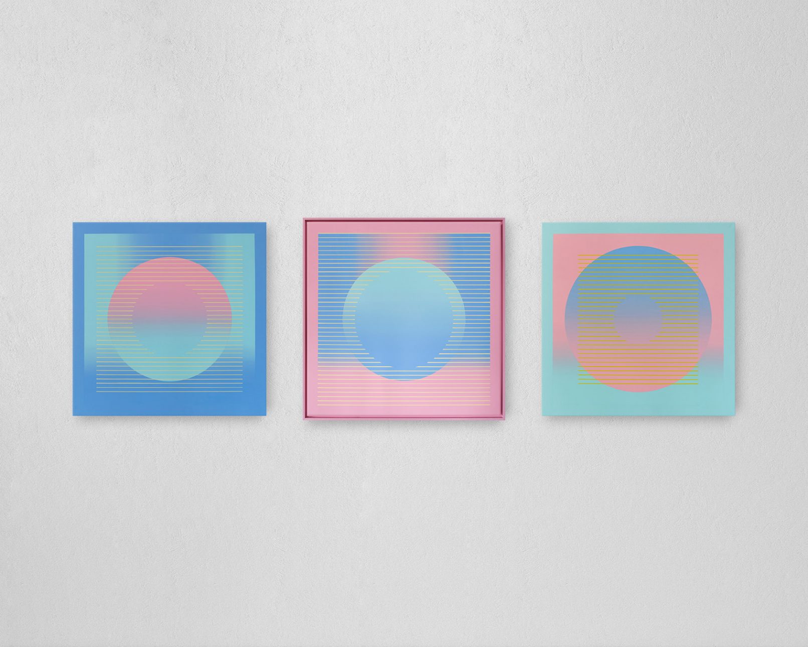 Circle with gradient and parallel lines, completed in 2019 with acrylic paints and markers on a 80 x 80 cm canvas with colour-matched floater frame.