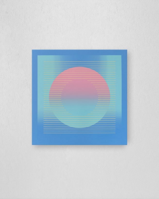 Circle with gradient and parallel lines, completed in 2019 with acrylic paints and markers on a 80 x 80 cm canvas with colour-matched floater frame.