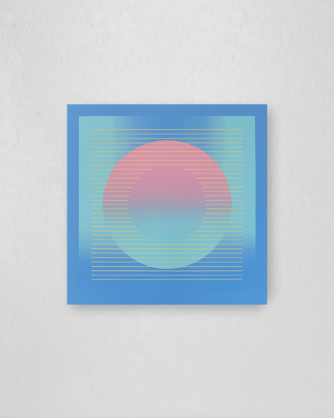 Circle with gradient and parallel lines, completed in 2019 with acrylic paints and markers on a 80 x 80 cm canvas with colour-matched floater frame.