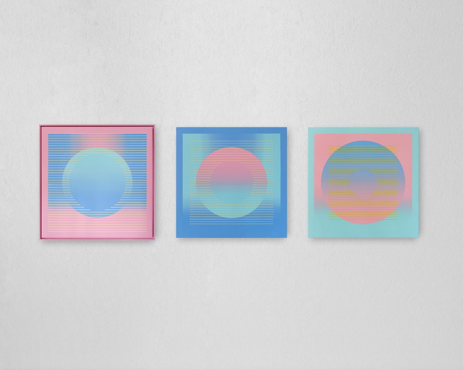 Circle with gradient and parallel lines, completed in 2019 with acrylic paints and markers on a 80 x 80 cm canvas with colour-matched floater frame.