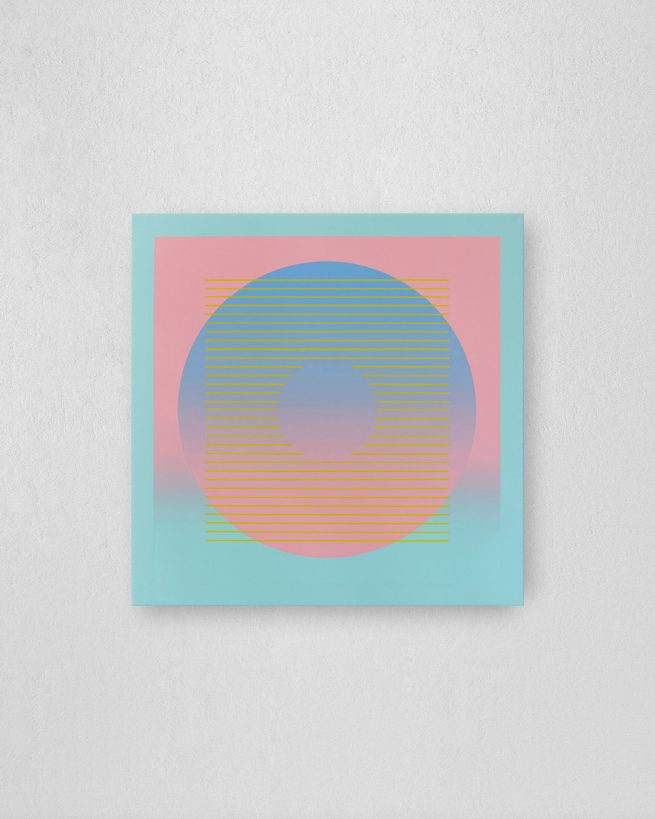 Circle with gradient and parallel lines, completed in 2020 with acrylic paints and markers on a 80 x 80 cm canvas with colour-matched floater frame.
