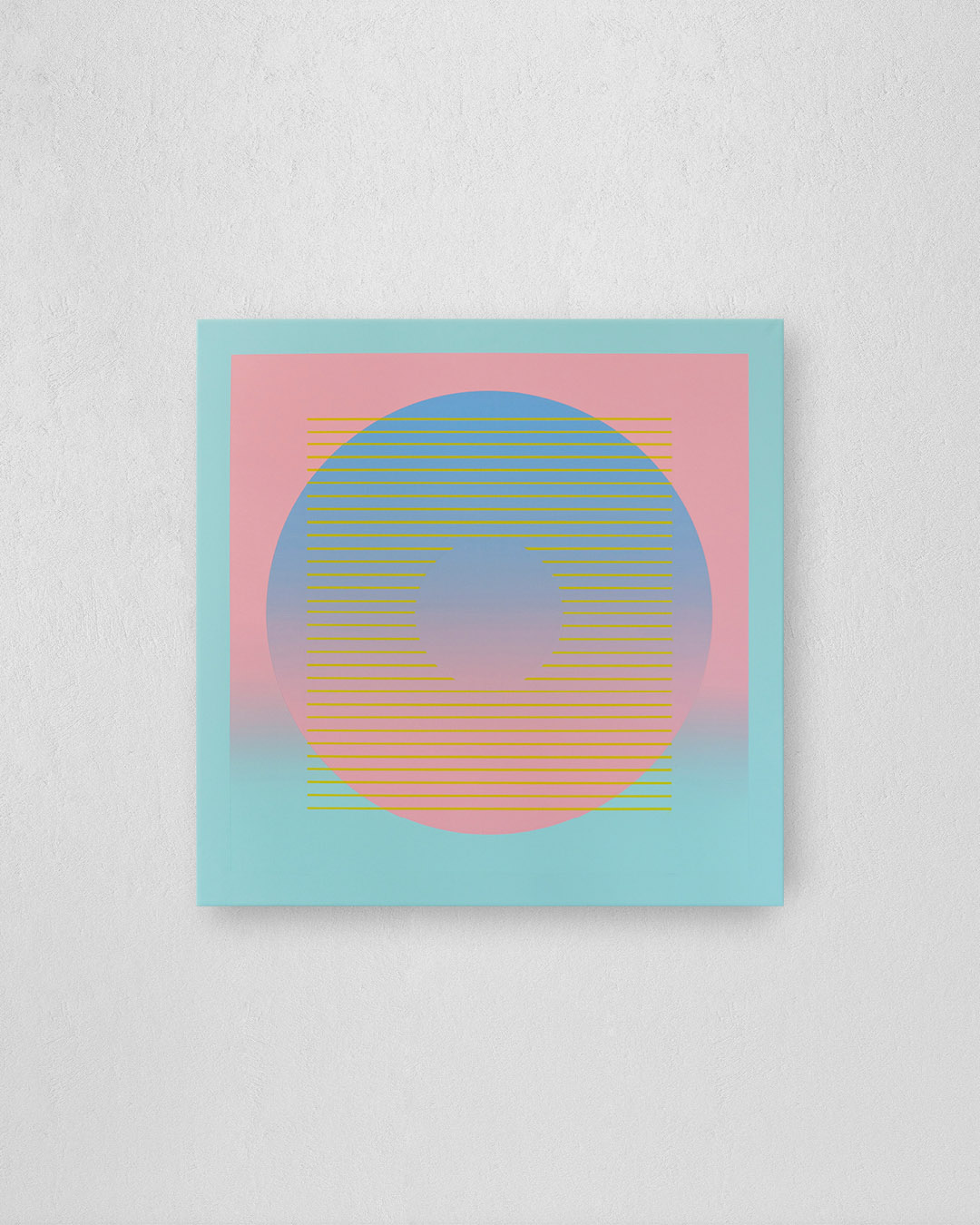 Circle with gradient and parallel lines, completed in 2020 with acrylic paints and markers on a 80 x 80 cm canvas with colour-matched floater frame.