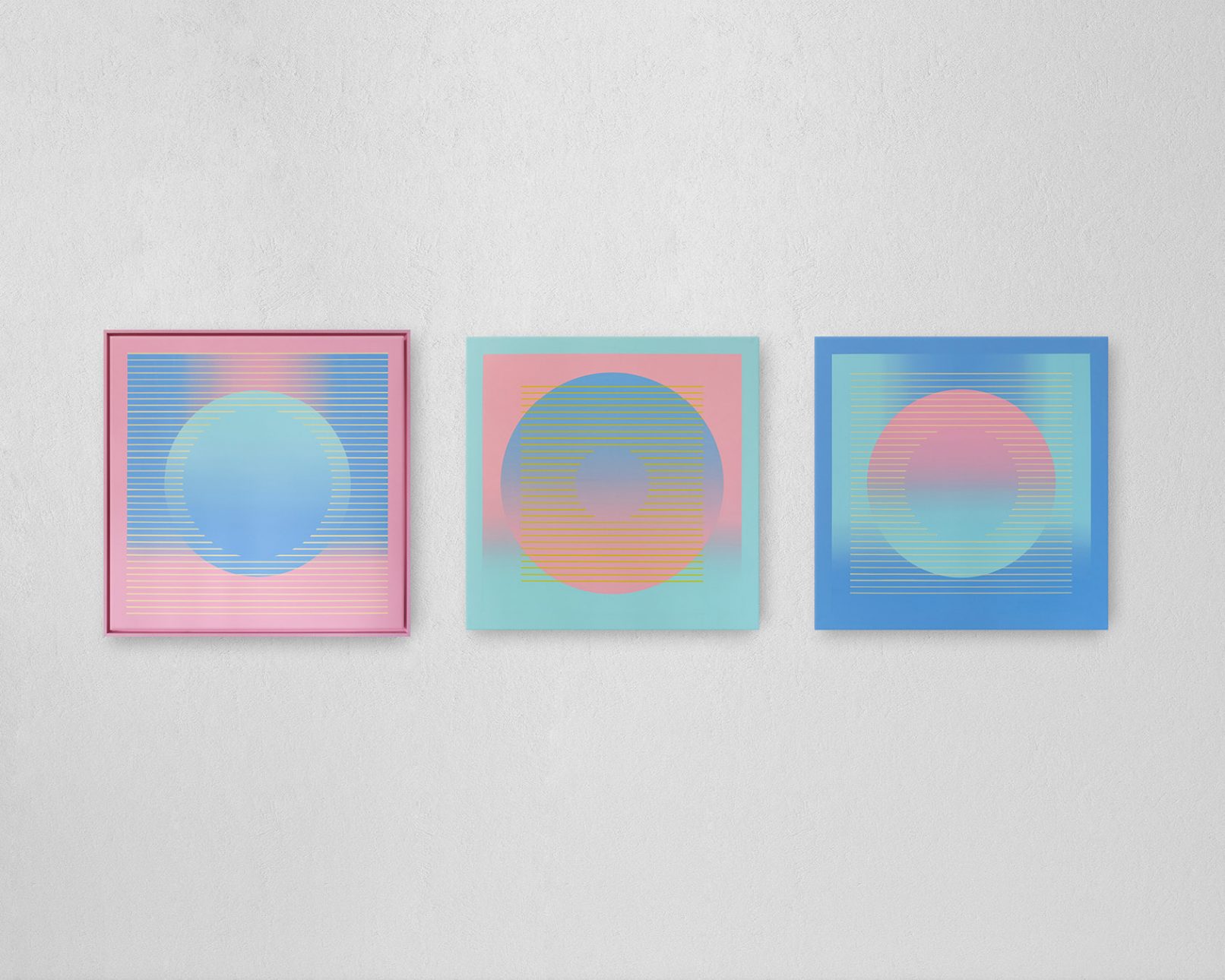 Circle with gradient and parallel lines, completed in 2020 with acrylic paints and markers on a 80 x 80 cm canvas with colour-matched floater frame.